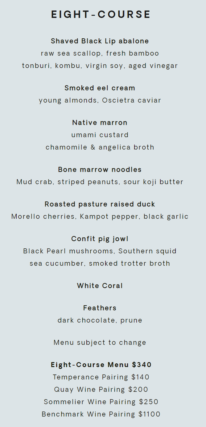 EIGHT COURSE menu by quay